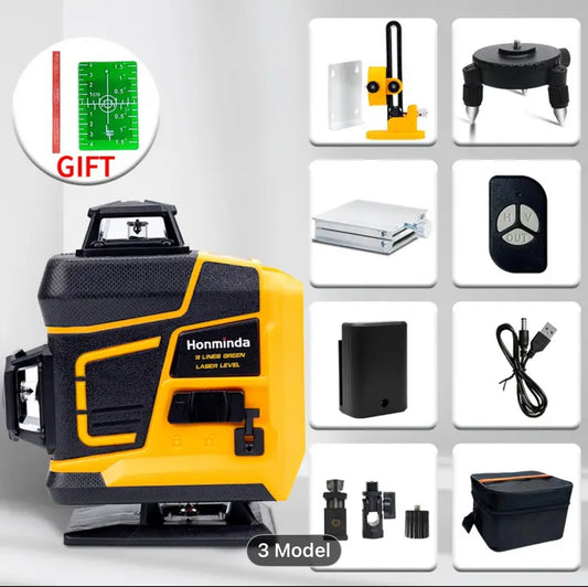 4D Green Laser Level with 16-Line Projection, 360° Auto-Leveling, Rechargeable Battery & Remote Control - Heavy-Duty Construction Laser Level with Adjustable Stand, Self-Levelling System, Dustproof &, Compatible with Tripods for Construction